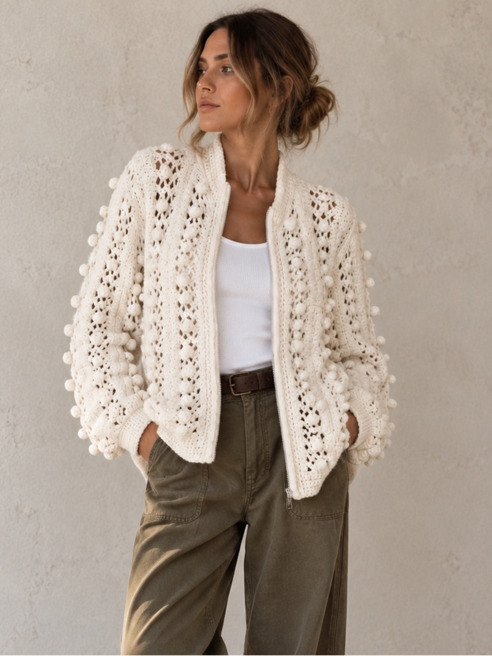 Saltwater Luxe Chunky Crochet Pom Pom Zip Cardigan Cream Boho M